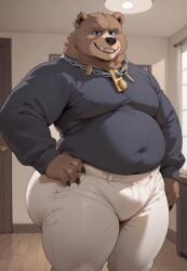 ai_generated anthro baby_bear_(puss_in_boots) bear chubby male_only moobs puss_in_boots_(dreamworks) puss_in_boots_the_last_wish sweater white_pants