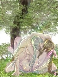 1boy 1girls aerith_gainsborough arms_around_neck female final_fantasy final_fantasy_vii final_fantasy_vii_remake forest heroine_and_antagonist kissing light_skin long_hair long_hair_male male male/female naked nude on_ground outdoor_nudity outdoor_sex outdoors outside_sex sephiroth sex silver_hair straight villain villain_on_heroine