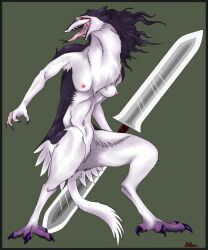 5:6 anthro armpit_hair bahun black_border body_hair border breasts female hi_res holding_object holding_weapon mammal nipples rain_silves sergal simple_background solo tail weapon