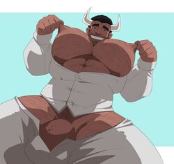 1boy 5_fingers abs bara bare_chest beefy big_muscles big_nipples big_pecs big_penis black_hair blue_background body_hair bovine_humanoid brahm_(xianos) brown_eyes bulge busty buttoned_shirt chest_hair clothed clothing color cow_boy cow_horns dark_hair digital_media_(artwork) exposed_chest facial_hair feet_out_of_frame five_o'clock_shadow from_below front_view gay genitals grin hair hairy hairy_legs half-closed_eyes happy himbo horn horns humanoid hyper kartos large_pectorals legwear looking_at_viewer looking_down looking_pleasured male male_only moobs mostly_clothed muscles muscular muscular_male muscular_thighs nipple_pinch nipple_pull nipple_tweak nipples open_fly open_pants original original_character pants partially_clothed partially_open_shirt pecs peeking_out penis penis_base penis_peek pinch popped_button pubic_hair shirt simple_background smile solo stubble tan-skinned_male tan_skin teeth thick thick_eyebrows thick_penis thick_thighs topwear two-tone_background veiny_penis white_horn white_legwear white_shirt yaoi