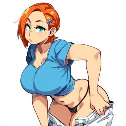 1girls ai_generated alternate_breast_size ben_10 curvaceous curvy female green_eyes gwen_tennyson large_breasts mullon novelai orange_hair seductive seductive_look short_hair solo thick_thighs thong undressing wide_hips