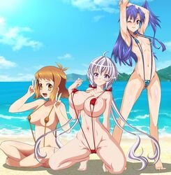 10s 3girls :d absurdres ahoge antenna_hair areola_slip arm_behind_back arm_over_head armpits arms_up artemisumi bare_arms bare_legs bare_shoulders beach between_labia bikini blue_bikini blue_eyes blue_hair blush breasts brown_bikini brown_eyes cameltoe cleavage closed_mouth cloud collarbone covered_erect_nipples covered_nipples day double_v feet female_focus groin hair_between_eyes hand_up hands hands_up happy highres indian_style innie_pussy kazanari_tsubasa khn khnchak kneeling large_areolae large_breasts legs light_brown_hair long_hair looking_at_viewer low_twintails medium_breasts multiple_girls navel neck nonoririn ocean one_eye_closed one_side_up open_mouth outdoors partially_visible_vulva purple_eyes red_bikini sand senki_zesshou_symphogear seraphina shadow short_hair silver_hair sitting sky sling_bikini slingshot_swimsuit small_breasts smile spread_legs standing stretching string_bikini swimsuit tachibana_hibiki_(symphogear) twintails uncensored v very_long_hair water wince yukine_chris