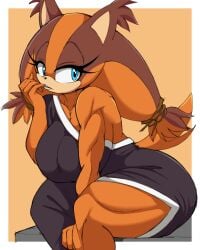 1girls 2024 2d 2d_(artwork) badger blue_eyes breasts brown_body brown_fur clothed clothing digital_media_(artwork) dress eyelashes female finger_play fur hair hair_accessory hair_tie kappa_spark looking_at_viewer mammal muscular_anthro mustelid musteline narrowed_eyes seductive sega simple_background sonic_(series) sonic_boom sonic_the_hedgehog_(series) sticks'_finger_bite_(meme) sticks_the_badger sticks_the_jungle_badger tail thick_thighs