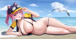 absurdres animal_hat beach bikini bird black_bikini blue_eyes blue_hat blue_jacket breasts cat_hat cleavage cloud collarbone female goggles goggles_on_headwear hat heart heart-shaped_pupils highres jacket keine09 large_breasts looking_at_viewer medium_hair navel nipples open_clothes open_jacket open_mouth outdoors pink_hair ponytail pregnant seagull sidelocks skindentation sky smile solo steam_(software) steam_meat swimsuit symbol-shaped_pupils thighs water yellow_sleeves