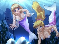 2girls big_breasts blonde_hair blue_eyes breasts collarbone female female_only fish foxeye_(artist) foxeye_limited_game_collection game_cg mermaid_costume mermaid_suit natica_(foxeye) natica_and_sandy:_underwater_rescue original original_character original_characters ponytail sandy_(foxeye) seashell_pasties underwater