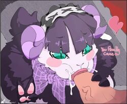 animal_crossing blush caprine clothing cum cum_in_mouth cum_inside ejaculation fellatio fluffy horn kemono kneeling maid_headdress maid_uniform mammal muffy muffy_(animal_crossing) nintendo oral ribbons sex seyferwolf sheep text uniform video_games