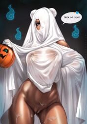 1girls barely_clothed breasts bubble_(dandon_fuga) caption cock_hungry cum cum_on_body cum_on_thighs dandon_fuga dark-skinned_female exposed_pussy female ghost_costume halloween_costume jack-o'-lantern looking_at_viewer nipples nipples_visible_through_clothing original original_character pussy pussy_juice pussy_juice_drip seductive see-through see-through_clothing thick_thighs trick_or_treat under_covers voluptuous