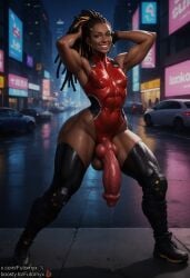 1femboy 1futa ai_generated androgynous animal_genitalia balls black_hair boosty boosty_username canine_genitalia canine_penis cyberpunk dark_skin dickgirl dreadlocks erect_nipples femboy futanari futornyx grin huge_cock night outdoors shemale shiny_skin small_breasts solo tagme testicles thick_thighs twitter_username veiny_penis wide_hips