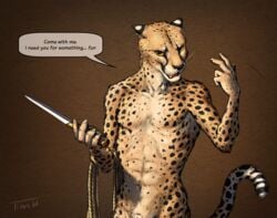 animal_genitalia anthro cheetah dialogue feline knife looking_at_viewer male mammal nude open_mouth pawpads rope sheath solo titusw yellow_eyes