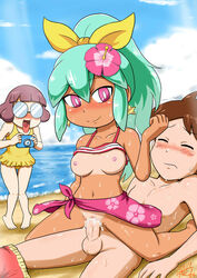 10s 1boy 2girls amano_keita barefoot beachhime bikini blue_eyes blue_hair blush bow bracelet breasts brown_eyes brown_hair cum cum_in_pussy cum_inside female female_on_top flower gouguru groin hailey_anne_thomas hair_flower hair_ornament hairbow jewelry long_hair male misora_inaho multicolored_hair multiple_girls nate_adams navel ocean open_mouth pendant penetration penis purple_eyes purple_hair pussy sex sky smile spread_legs star striped striped_bikini sweat swimsuit tan towel_around_waist vaginal_penetration youkai_watch