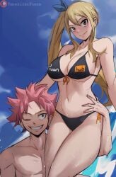 1boy 1boy1girl 1girls bikini blonde_female blonde_hair breasts brown_eyes fairy_tail large_breasts lucy_heartfilia natsu_dragneel pink_hair smile tagme wet_skin