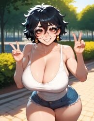 1girls ai_generated artstyle_imitation ass big_breasts black_hair breasts brown_eyes denim denim_shorts double_peace_sign eyelashes eyeshadow glasses goth goth_girl goth_slut gothic huge_breasts light-skinned_female messy messy_hair naughty naughty_face nerd olie pale-skinned_female peace_sign round_glasses short_hair tank_top thiccwithaq_(ai_style) thick_ass thick_legs thick_lips thick_thighs thighs wavy_hair xandr