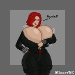 1girls athletic athletic_female big_ass big_breasts black_widow_(marvel) bodysuit breasts breasts_too_big closed_eyes female female_only fit fit_female huge_ass huge_breasts large_ass large_breasts marvel marvel_cinematic_universe marvel_comics natasha_romanoff pixel_art red_hair shoulder_length_hair simple_background skin_tight snorrtrx solo standing straight_hair struggling_to_fit thick_thighs tight_clothing voluptuous wardrobe_malfunction wide_hips zipper