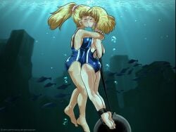 2girls arms_behind_back arms_bound_behind_back ass big_breasts blonde_hair blush bound bound_ankles bound_wrists breast_press breasts female female_only fish foxeye_(artist) foxeye_limited_game_collection game_cg iron_ball kissing natica_(foxeye) natica_and_sandy:_underwater_rescue original original_character original_characters ponytail sandy_(foxeye) school_swimsuit sharing_air swimsuit underwater weight yuri