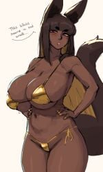 dark-skinned_female fox_ears fox_girl fox_tail gold_bikini huge_breasts looking_at_viewer roresu tagme