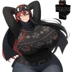 ai_generated belt big_breasts black_eyes black_hair goggles jeans knightnyan long_hair multicolored_hair red_hair roblox scarf see-through sweater white_background winking