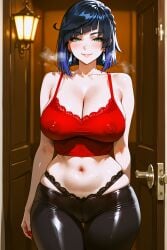 ai_generated blush breasts door doorway genshin_impact heavy_breathing huge_breasts lingerie milf mouth_closed nipples_visible_through_clothing open_door pants shiny_skin smirk sweat thick_thighs thong yelan_(genshin_impact)