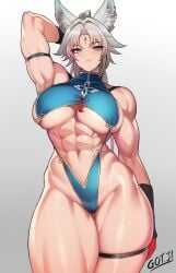 abs absurdres animal_ear_fluff animal_ear_piercing animal_ears arm_behind_back arm_behind_head arm_strap arm_up armpits biceps blue_eyes breasts cameltoe cowboy_shot eyeliner feixiao_(honkai:_star_rail) female forehead_jewel fox_ears fox_girl gluteal_fold got_ji_(gojich1) grey_background grey_hair highres honkai:_star_rail honkai_(series) large_breasts legs_together long_hair looking_at_viewer makeup muscular muscular_female navel parted_lips red_eyeliner revealing_clothes signature simple_background skindentation solo standing stomach teeth thick_thighs thigh_gap thigh_strap thighs underboob