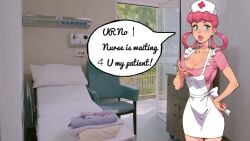 blue_eyes female female female_only hair_rings hospital_bed hospital_room nintendo nurse_cap nurse_joy nurse_uniform paulinebabe pink_hair pokemon speech_bubble touching_breast white_apron