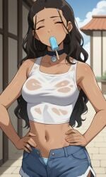 ai_generated ass avatar_legends avatar_the_last_airbender bigmic145 bra breasts clothed clothed_female clothing katara navel nickelodeon panties popsicle see-through see-through_clothing shorts solo solo_female sweat tank_top wet wet_clothes wet_clothing