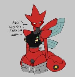 1girls asking_for_help asking_for_sex blush flustered gray_background gronch0 horny insect_wings pokemon pokemon_(species) pussy pussy_juice pussy_juice_drip red_body scizor shorts slim_waist solo spanish_text sweat tagme tank_top text