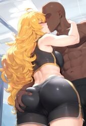 1boy 1girls ai_generated big_breasts blonde_hair breasts dark-skinned_male female female_focus grabbing_ass huge_breasts kissing large_breasts light-skinned_female long_hair navel purple_eyes rwby yang_xiao_long