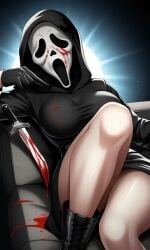 5_fingers ai_generated big_breasts black_boots black_gloves black_robe blood blood_on_mask blood_stain bloody_clothes bloody_knife clothed curvy exposed_skin female ghostface ghostface_(scream) gloves knife looking_at_viewer pixai robe scream_(franchise) shiny_background sitting_on_sofa up_close