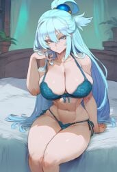 1girls ai_generated aksn aqua_(konosuba) bare_arms bare_legs bare_shoulders bare_thighs big_breasts blue_eyes blue_hair blush bra clothed clothing color female female_focus female_only hi_res kono_subarashii_sekai_ni_shukufuku_wo! large_breasts light-skinned_female light_skin lingerie long_hair looking_at_viewer panties solo solo_female tagme thick_thighs underwear