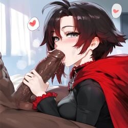 1boy 1girls ai_generated black_hair cock_worship dark-skinned_male fellatio female female_focus huge_cock light-skinned_female looking_at_viewer looking_pleasured ruby_rose rwby short_hair