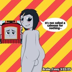 1boy aged_up ass background balls ballsack black_hair blush brake_cussy bruno_the_brake_car bubble facing_away gijinka grey_skin humanized looking_back mattel pun red_background reference_image seducing seductive self_upload smile solo speech teal_eyes text thomas_and_friends thomas_and_friends_all_engines_go toony twink watermark yellow_background