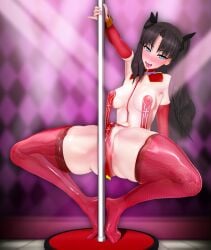 1girls alternate_costume blush censored_pussy fate/stay_night fate_(series) female female_only fishnets leg_spread legwear negakura_imu nipples nipples_visible_through_clothing pole pole_dancing revealing_clothes small_breasts stockings tohsaka_rin tongue_out twintails vagina