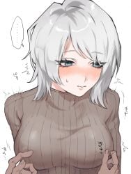 artist_request blue_eyes erect_nipples erect_nipples_under_clothes faust_(limbus_company) female_focus frown frowning limbus_company nipple_play nipple_tweak not_looking_at_the_viewer project_moon sweater white_hair