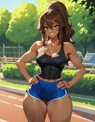 1girls abs ai_generated bangs brown_eyes brown_hair brown_skinned_female dark-skinned_female dolphin_shorts eyebrows eyelashes fit fit_female hair_between_eyes high_ponytail medium_breasts ponytail sally_(xandr) smile smiley_face tank_top thick_ass thick_thighs thin thin_female thin_waist xandr