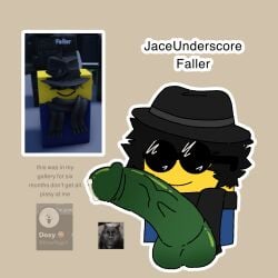 1boy black_hair block doxy__foxy00 english_text fedora glasses male male_only penis penis_out precum precum_drip reference_image roblox roblox_avatar robloxian scarf sigma smiling tagme text what