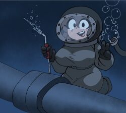 air_bubbles big_breasts brown_hair coolerinker diving diving_helmet diving_suit drowning erect_nipples inker_comics inkershike mona_(inker_comics) nipples_visible_through_clothing ocean peace_sign unaware underwater welding_torch