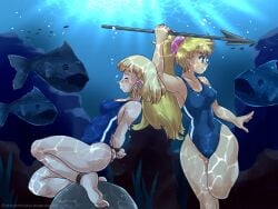 2girls arms_behind_back arms_bound_behind_back asphyxiation big_breasts blonde_hair blue_eyes bound bound_ankles bound_wrists breasts closed_eyes collarbone drowning female female_only fish foxeye_(artist) foxeye_limited_game_collection game_cg harpoon iron_ball natica_(foxeye) natica_and_sandy:_underwater_rescue navel navel_visible_through_clothes original original_character original_characters peril ponytail sandy_(foxeye) school_swimsuit swimsuit underwater weight