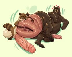 anal_prolapse anthro anus ass balls bear bera big_anus big_balls butt_grab dessert doughnut dreamworks duo food gaping gaping_anus genitals hand_on_butt heart_symbol hi_res huge_anus huge_balls hyper hyper_anus hyper_balls hyper_genitalia licking lotolotl male male/male mammal over_the_hedge paramount_pictures pastry penis procyonid prolapse puffy_anus raccoon rj_(over_the_hedge) tongue vein veiny_penis vincent_(over_the_hedge)