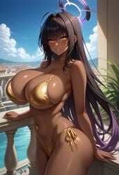 1girls ai_generated big_breasts black_hair blue_archive breasts dark-skinned_female female female_focus gold_bikini halo huge_breasts karin_(blue_archive) large_breasts long_hair looking_at_viewer navel thick_thighs thighs yellow_eyes