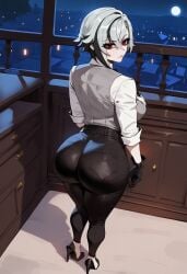 1girls ai_generated arlecchino_(genshin_impact) big_breasts eyebrows eyelashes genshin_impact light-skinned_female mature_female night red_eyes short_hair thick_ass thick_thighs tight_fit tight_pants white_hair xandr