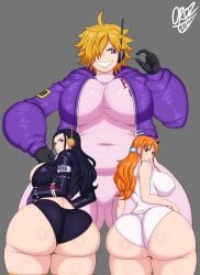 3girls artist_name ass back_view big_ass big_breasts big_butt black_hair bodysuit breasts bubble_butt curvy fat_ass female female_only gloves grey_background grin hair_over_one_eye huge_ass huge_breasts jacket large_ass large_breasts long_hair looking_at_viewer looking_back nami nico_robin one_piece orange_hair oroz-kun short_hair simple_background smile vegapunk_lilith wide_hips