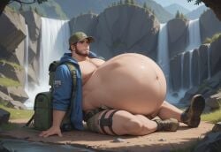 1boy ai ai_generated big_belly big_chest huge_belly male male_only male_pred pecs resting sitting_down sitting_on_ground solo solo_focus solo_male vore vore_belly voreguysai