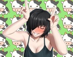 animal_background big_breasts black_camisole blush bovine breasts camisole chainsaw_man cleavage closed_eyes drunk eyepatch female female_only finger_horns hands_up highres himeno_(chainsaw_man) horns_pose index_fingers_raised matomo medium_breasts nose_blush solo teeth