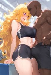 1boy 1girls ai_generated big_breasts blonde_hair breasts bulge dark-skinned_male female female_focus huge_breasts large_breasts light-skinned_female long_hair navel purple_eyes rwby surprised yang_xiao_long