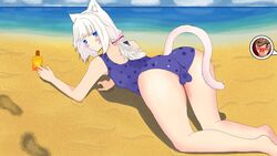 1futa ass backsack ball_bulge balls balls_in_panties balls_in_swimsuit beach bent_over blush bow breasts cat_ears cat_tail embarrassed futa_only futanari intersex large_ass lotion nekopara panties panty_bulge penis_under_clothes sand small_breasts solo swimsuit tail vanilla_(sayori) water white_hair