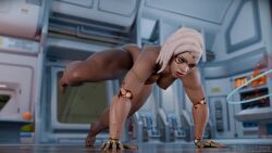 3d african african_female animated ass barefoot breasts cyborg dark-skinned_female dubzzzy exercise feet female flexible foot_fetish gilf grey_hair overwatch overwatch_2 sojourn_(overwatch) soles stretching tagme toes very_dark_skin video yoga yoga_pose