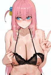 1girls ai_generated alternate_breast_size areolae bocchi_the_rock! broomcloset gotou_hitori huge_breasts lingerie nipple_piercing open_bra peace_sign pink_hair solo solo_female solo_focus