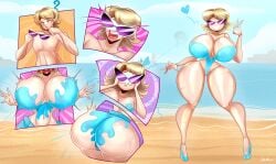 1girls ass_expansion beach blonde_hair blue_high_heels breasts female genderswap genderswap_(mtf) high_heels huge_ass huge_breasts knick_knack male male_to_female narrow_waist one_piece_swimsuit purple_sunglasses rule_63 sequence slemka smile smiling solo sunglasses sunnification thighs transformation transformation_sequence wide_hips