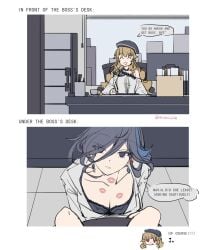 2girls clorinde_(genshin_impact) english_text female female_only genshin_impact hiding implied_oral kiss_marks lesbian_kiss lipstick lipstick_mark navia_(genshin_impact) office office_lady smile table under_the_table work workplace yuri