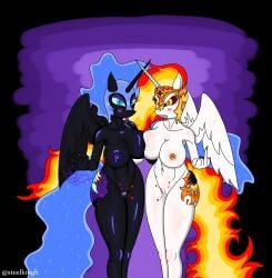 2girls anthro big_ass big_breasts black_body blowjob_gesture blue_eyes blush blush daybreaker_(mlp) fire_hair furry horn horse_girl lactating leaning long_hair long_tail long_tongue looking_at_viewer middle_finger milf my_little_pony nightmare_moon_(mlp) orange_nipples purple_nipples pussy_juice pussy_juice_drip saliva_drip sisters steelknigh unicorn_horn watermark white_body wings yellow_eyes