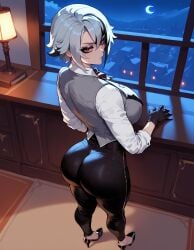 1girls ai_generated arlecchino_(genshin_impact) ass_focus back_view big_breasts eyebrows eyelashes genshin_impact light-skinned_female mature_female night red_eyes short_hair thick_ass thick_thighs tight_fit tight_pants white_hair xandr